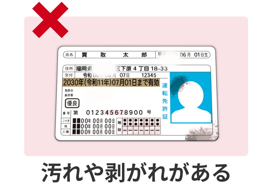 NGな例: 汚れや剥がれがあり、内容の一部が隠れている。