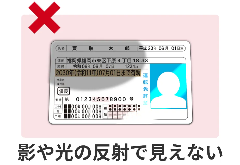 NGな例: 影や光の反射で見えない。